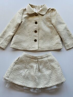 Metallic Gold & Cream Leopard Print Ivory Tulle Two-Piece Jacket & Skirt Set 2T